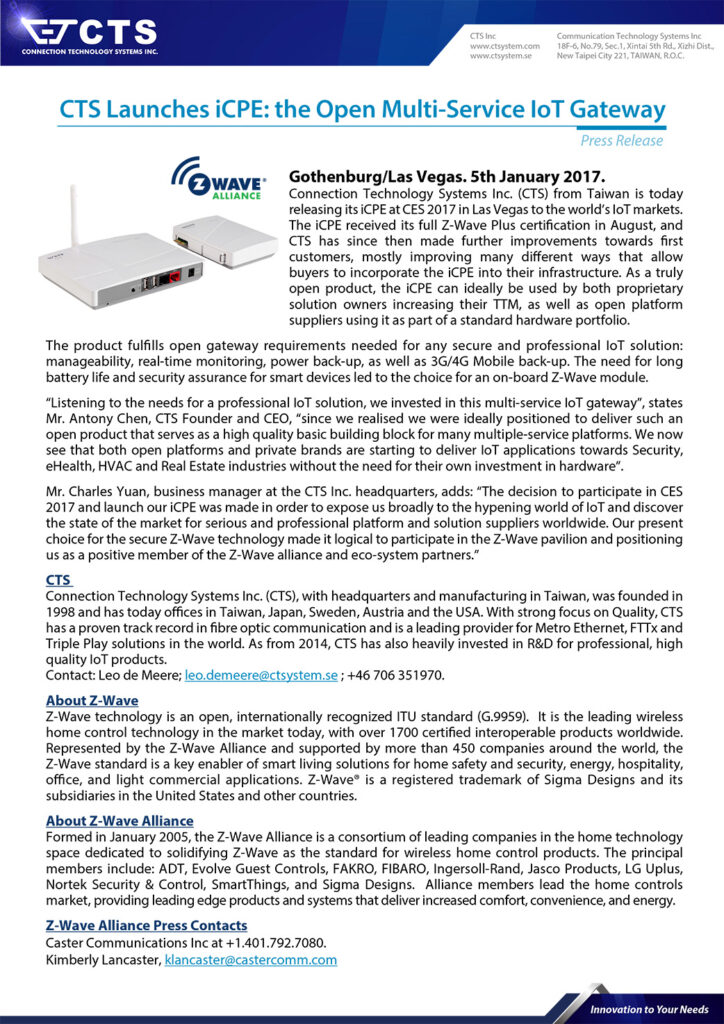 CTS Launches iCPE: the Open Multi-Service IoT Gateway in CES 2017